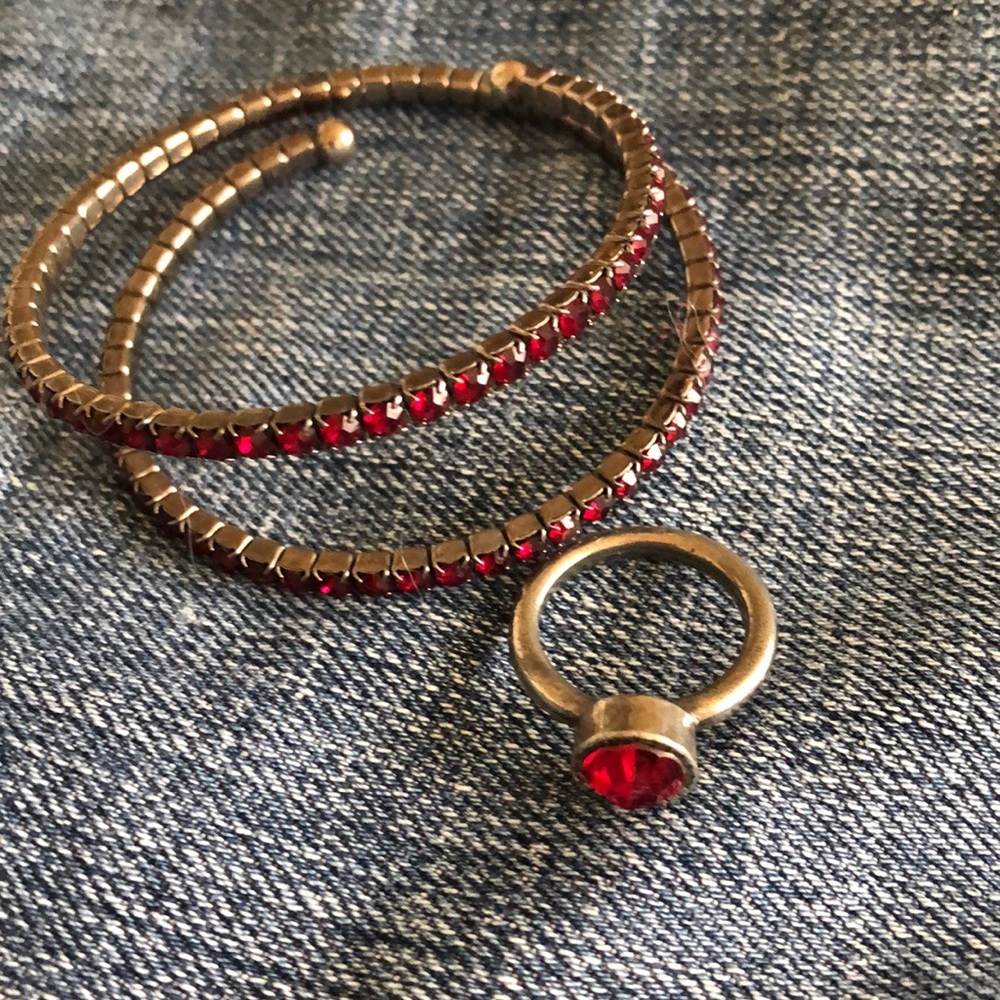 EUC 1928 Red Sparkly Bracelet and Ring Boho $88